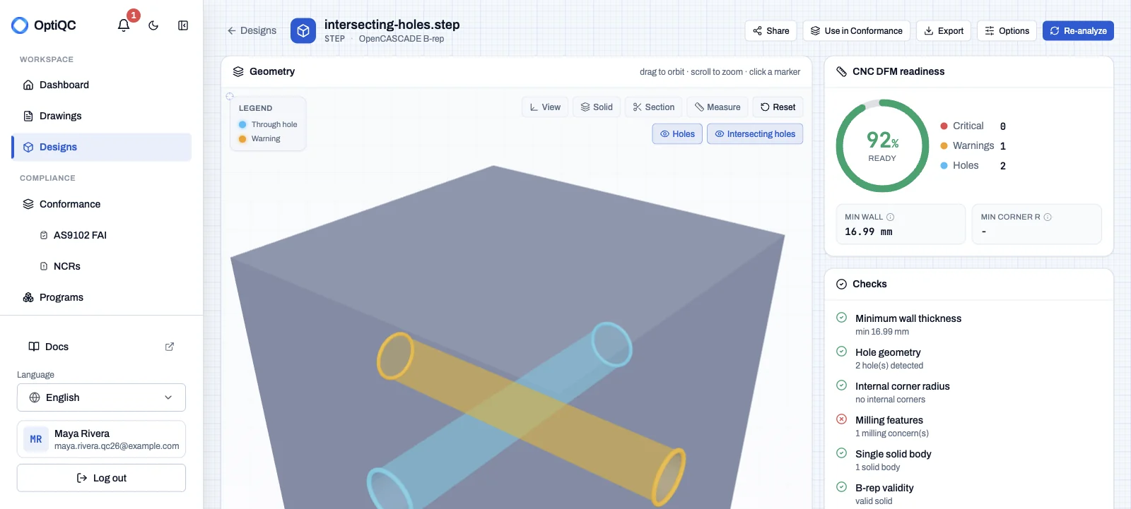 OptiQC 3D DFM hole and edge highlights
